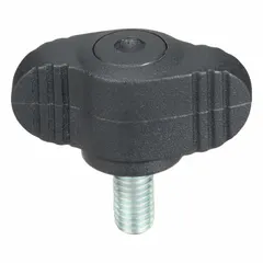 Wing knob with threaded stud for manual clamping, positioning, and adjustment on machinery, fixtures, and jigs. Features a 28 mm diameter plastic body with steel thread, M5 thread size, and 10 mm thread length. Wing design allows quick hand tightening without tools.