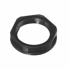 Black nylon NPT cable grip lock nut with 3/4" thread size. UL Listed for securing cord connectors in junction boxes or panels, providing strain relief in industrial electrical installations.