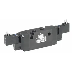 This Parker B Series solenoid-operated inline valve is a four-way, three-position, double-solenoid valve with a closed center. It operates on 120V AC and includes a solenoid coil, DIN solenoid connector, internal pilot, and non-locking manual override. The valve is used in pneumatic systems to direct compressed air to actuators or cylinders for automation and material handling applications.