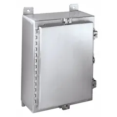 This WIEGMANN enclosure is fabricated from 316 stainless steel with a solid cover secured by clamps. It measures 20 x 20 x 8 inches and is rated NEMA 12/13/3R/4/4X, suitable for protecting electrical controls, terminals, and instruments in indoor or outdoor environments requiring corrosion resistance and washdown capability. Knockouts are not included.