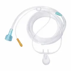 This MEDSOURCE nasal cannula is intended for pediatric patients requiring supplemental oxygen. It features a 7 ft PVC tube and a softened tip for patient comfort. The cannula is used in clinical settings for oxygen therapy.