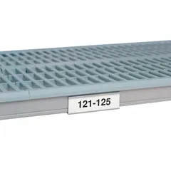 White label holder designed for use with Metro Super Erecta Pro plastic shelving. Measures 4 1/2 inches wide by 1 1/4 inches high. Used to attach identification labels for organizing inventory in storage areas.