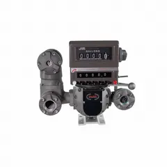 Mechanical-display flowmeter for fuel transfer pumps, with anodized aluminum housing and +/-0.5% accuracy. Measures flow in gallons. Suitable for tracking diesel, gasoline, and similar fluids in industrial and commercial fueling operations.