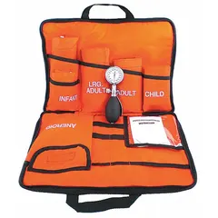Reusable nylon blood pressure kit for adult and pediatric patients. Includes palm aneroid gauge and 13-inch maximum cuff tube length. Designed for thigh blood pressure testing. Color: orange.