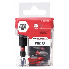 Standard hex shank insert bits with #2 Phillips (PH2) tip, made from alloy steel. Supplied in a 25-pack. Suitable for driving screws in assembly, construction, and maintenance tasks using impact drivers or drill chucks.