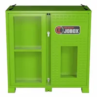 This jobsite cabinet provides 50.77 cubic feet of storage capacity with dimensions of 30 inches wide, 60 inches deep, and 60 inches high. It features a proprietary recessed padlock for securing contents. Suitable for storing tools and equipment on construction or industrial sites