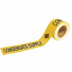 Yellow adhesive pipe markers with black legend reading 'Condensate Supply' and directional arrows. Each roll contains 25 markers designed for pipe outer diameters of 1-1/2 to 2 inches. Used to identify condensate supply lines in piping systems for maintenance and safety.