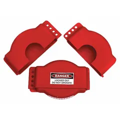 Two-piece gate valve lockout designed for hand wheels up to 6 1/2 inches in diameter. Red construction for high visibility. Used to secure gate valves in the closed position during maintenance, supporting lockout/tagout safety procedures.