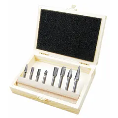 This 8-piece set of double-cut carbide burs features head diameters ranging from 1/4" to 3/8" with a 1/4" shank. Designed for material removal, deburring, and shaping in metalworking and fabrication applications. Trade number SA-3.