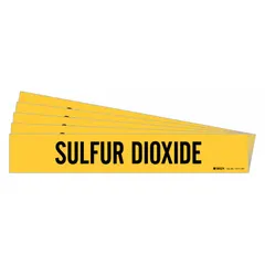 Yellow adhesive pipe marker with black legend text reading 'Sulfur Dioxide'. Designed for pipe outer diameters of 8 inches and larger. Pack of 5 markers without arrows. Used to identify pipes carrying sulfur dioxide in industrial piping systems.