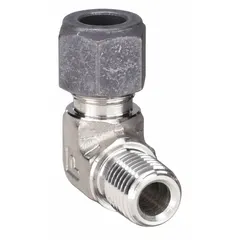 This PARKER single-ferrule stainless steel elbow connects 3/8 in OD tubing to a 1/4 in male NPT port. Part of the CPI™ series, it is used in instrumentation, chemical processing, and hydraulic systems for leak-tight, corrosion-resistant connections.