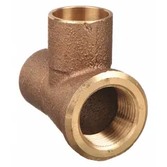 Cast bronze tee with 1/2 in CTS cup ends and 1/2 in FNPT branch. Used to join copper tubing in plumbing and hydronic heating systems, allowing transitions between soldered and threaded connections.