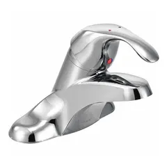 This centerset bathroom faucet from MOEN's M-Bition series is constructed of brass with a chrome finish. It features a low arc design and a flow rate of 1.2 gpm. Mounting hardware is included. Suitable for standard bathroom sink installations.
