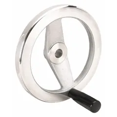 Spoked hand wheel with a fixed handle, made of aluminum with a zinc-plated finish. Features a 200 mm diameter and 3/4 in bore. Used for manual valve actuation, machine adjustment, and positioning tasks in industrial machinery.