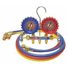 This analog manifold gauge set from the Series QS4L features two valves and three 3 1/8 in gauges. It is configured for use with R-22, R-404A, and R-410A refrigerants. The set includes three hoses with ball valve connections and gauge boots. Typical applications include charging, evacuation, and pressure testing of refrigeration and air conditioning systems.