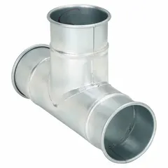 Steel tee branch for 4 in duct diameter with 90° angle and 12 in overall length. Used to split airflow in ventilation, dust collection, or material-handling ductwork.