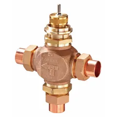 This 3-way globe valve features a bronze body with a tee pattern and a brass seat. It has a 28.9 Cv flow rating and a 1 1/2 in female union sweat connection. Used in hydronic systems for mixing or diverting flow in heating and cooling applications.