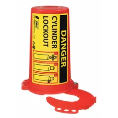 This gas cylinder lockout secures valves with a maximum stem diameter of 1 1/4 in. It is used in lockout/tagout procedures to prevent accidental operation during maintenance or servicing, helping control hazardous energy release in industrial settings.