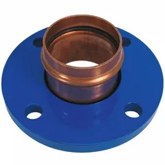 This copper press tube flange connects 3/4 in CTS copper tubing to a 3/4 in pipe flange using a press-fit connection, eliminating the need for soldering. It is used in plumbing systems for water supply lines, hydronic heating, and process piping.