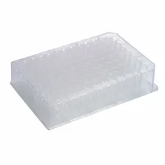 96-well deep well plate with 0.5 mL square wells, made of polypropylene copolymer in natural color. Sterile, 86 mm diameter. Not RNase/DNase free. Used for high-throughput sample storage, processing, assays, and liquid handling in laboratory settings.