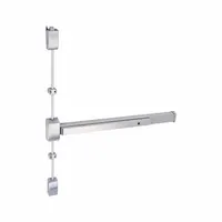 This surface vertical rod push bar is constructed of aluminum and designed for doors up to 3 ft wide. It operates as a touchbar exit device for safe egress in commercial applications. Note: This model is not ligature-resistant and does not include a cylinder