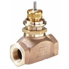 Bronze body globe valve with stainless steel stem and brass seat. 2 in Female NPT connections, 46.2 CV flow rating, normally closed (NC) with stem up to close action. Used for regulating water flow in hydronic heating and cooling systems.