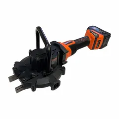 This cordless rebar cutter operates on 24V DC power and uses a sawing action to cut rebar up to #10 size. Maximum cutting depth is 1 7/8 inches. Includes two standard replacement blades. Suitable for construction and concrete reinforcement applications where portability is needed.