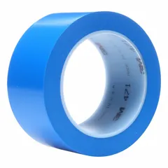 Solid blue vinyl tape for marking aisles, hazards, and work zones in industrial facilities. 5.2 mil thickness with no message legend. Suitable for color coding and organization in warehouses, factories, and maintenance areas.