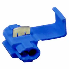 Insulation displacement connector for splicing or tapping solid or stranded copper wires without stripping. Two ports accept 18 AWG to 14 AWG run size. Rated 600 V. Suitable for control panels, lighting, and junction box installations.