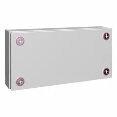 Steel enclosure with solid cover and mini cam lock. Measures 5 x 11 x 3 inches. Light gray finish. Rated NEMA 12 for indoor protection against dust and dripping non-corrosive liquids.