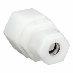 General purpose nylon compression fitting union for connecting two tubing lines of 5/8 in OD and 3/8 in OD. Suitable for pneumatic or low-pressure fluid systems where corrosion resistance and lightweight assembly are required.