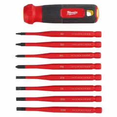 This insulated multi-bit screwdriver features eight tips including Phillips, slotted, and square (SQ2) configurations. With a long shaft and 12 1/2-inch overall length, it is suited for electrical and general maintenance tasks requiring screw driving and removal.