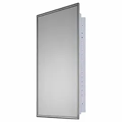 This mirrored medicine cabinet features a glass body with a bright annealed stainless steel frame in a silver finish. It is designed for wall mounting in bathrooms or restrooms to provide storage and a reflective surface. Overall dimensions are 36 inches in height and 18 inches in width.
