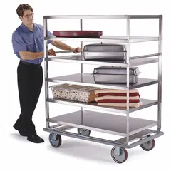 This LAKESIDE banquet cart features six stainless steel shelves with all edges down, a handle, and a 1,000 lb max load capacity. It is NSF certified and measures 70 in shelf length by 30 3/4 in overall width. Typical applications include transporting large quantities of food or dishes in commercial kitchens, hotels, and catering operations.
