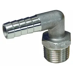 This 303 stainless steel rigid barbed hose fitting connects 3/8 in hose I.D. to NPT threaded equipment. It features a hose barb x NPT connection with male x male ends and a hex nipple grip for wrench tightening. Suitable for air, water, and chemical transfer applications.