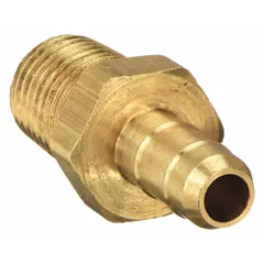 Brass barbed tube fitting with barbed x male NPT configuration, rigid construction. Connects 11/64 in ID tubing to threaded ports in pneumatic or fluid systems. Suitable for industrial maintenance, instrumentation, and control lines.