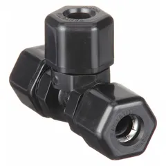 This polypropylene compression tee fitting branches fluid or gas lines in piping systems. It has a 1/2 in OD on all three ends and is FDA approved for material compliance. Suitable for use in applications requiring polypropylene construction.