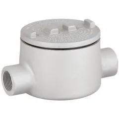 Aluminum C round body straight-type conduit outlet body with 1/2 in trade size, threaded female hubs, and 18 cu in body capacity. Includes cover and O-ring. Powder coated finish. Rated for hazardous locations. For use with threaded IMC conduit.