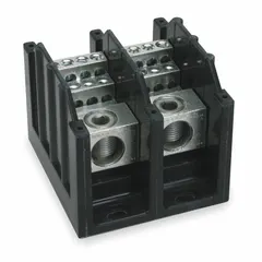 Open-style power distribution block with aluminum construction and lug-to-lug connections. Accepts line-side wire sizes from 6 AWG to 350 kcmil. Designed for surface mounting in electrical distribution systems, control panels, and switchgear.