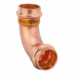 This NIBCO 90° press elbow fitting is designed for gas copper and bronze piping systems. It connects 3/4 in CTS tubing in tight spaces, commonly used in commercial and industrial gas supply lines. Made of copper or bronze.