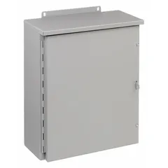 WIEGMANN RHC362412 is a painted steel enclosure with a solid hinged cover, measuring 36 x 24 x 12 inches. Rated NEMA 3R, it is suitable for indoor or outdoor use where protection against rain, sleet, and ice formation is required. The enclosure features a 1/4-turn latch closure and does not include knockouts.