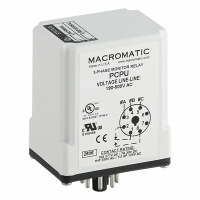 MACROMATIC Phase Monitor Relay: Socket Mounted, 10 A Current Rating, 190 to 500V AC - Socket-Mounted Relays