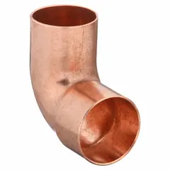 Wrot copper 90-degree elbow with female threaded (FTG) connections on both ends, sized for 2-inch copper tube. Used to change direction in copper tubing systems for plumbing, HVAC, and industrial piping. Installed by soldering (sweat fitting) to create a leak-resistant joint.