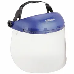 This general-purpose single-crown face shield features a clear, uncoated, reusable acetate visor measuring 8 inches high by 16 inches wide. The blue headgear provides secure fit. Suitable for splash and impact protection in industrial environments such as machining, material handling, and maintenance tasks.