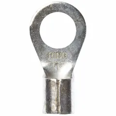 Non-insulated ring terminal with brazed barrel and seam construction, rated for 1000 V. Accepts 6 AWG wire and fits 3/8 in studs. Used for high-current electrical connections in power distribution, control panels, and heavy equipment.