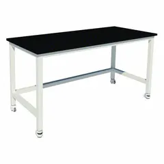 This fixed-height lab table features an epoxy countertop resistant to chemicals and stains, with a 2000 lb load capacity. Vibration-isolating casters minimize equipment disturbance. Suitable for industrial laboratories, testing facilities, and clean rooms requiring a stable work surface for heavy instrumentation.
