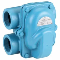 Cast iron H-pattern float and thermostatic steam trap with 2-inch FNPT connection. Rated for maximum pressure of 125 psi and capacity of 4,500 lb/hr. Stainless steel float. Designed for horizontal installation. Used in industrial steam systems to drain condensate while preventing steam loss, such as in process heating, heat exchangers, and steam mains.