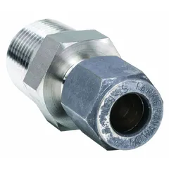 Stainless steel Ferulok series flareless bite-type compression fitting adapter. Connects 1/4 in OD tube to 1/8 in pipe port with 1/8-27 thread. Used in hydraulic and pneumatic systems requiring a leak-proof seal.