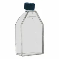 This sterile polystyrene cell culture flask has a 25 mL (0.85 fl oz) capacity and includes a closure. It is graduated for volume measurement. Used for growing and maintaining cell cultures in laboratory research and sample preparation
