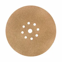 This 9-inch drywall sanding disc features a 240-grit aluminum oxide grain on an open-coat paper backing, designed for hook-and-loop attachment to drywall sanders. The 5-pack provides a consistent abrasive surface for smoothing joint compound and preparing drywall for painting.